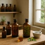 Vue d’un laboratoire artisanal français baigné de lumière avec bonbonnes en verre ambré contenant des macérations de plantes médicinales bio, symbolisant la transparence et l’éthique écologique