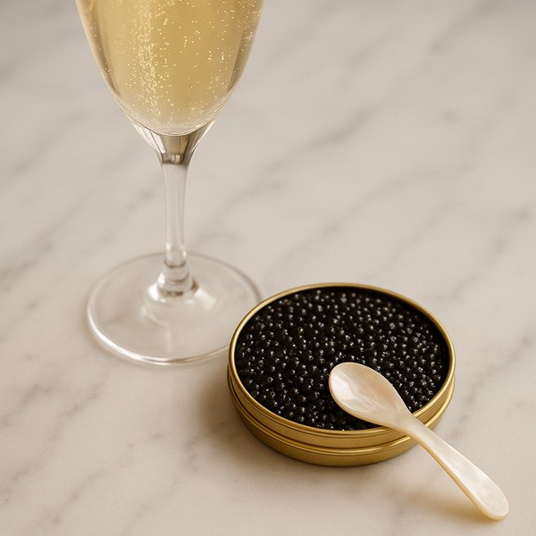 Accord gastronomique chic avec une flûte de champagne pétillant et une boîte de caviar noir avec cuillère en nacre au restaurant Caviar Kaspia Paris.