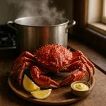 Araignée de mer cuite servie sur une assiette en bois avec quartiers de citron et mayonnaise maison, photographie culinaire réaliste.