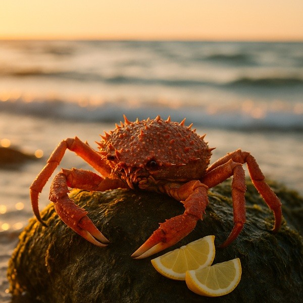 Araignée de mer vivante posée sur un rocher recouvert d’algues au bord de l’océan, éclairée par la lumière dorée d’un coucher de soleil, photographie réaliste