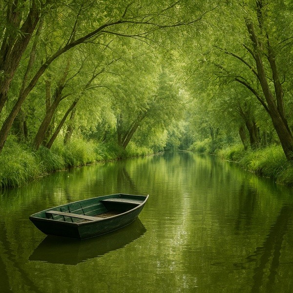Balade en barque traditionnelle sur un canal ombragé du Marais Poitevin, surnommé la Venise Verte, reflet des arbres et atmosphère paisible.