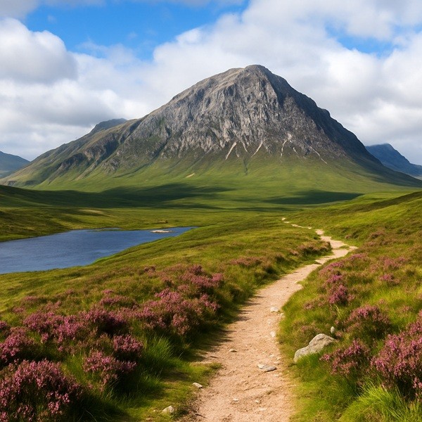 Sentier de randonnée bordé de bruyères violettes menant vers un loch et les pentes rocheuses du Ben Nevis sous un ciel nuageux.