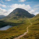 Vue panoramique du Ben Nevis en Écosse avec un sentier de randonnée serpentant à travers les collines verdoyantes et un loch au premier plan.