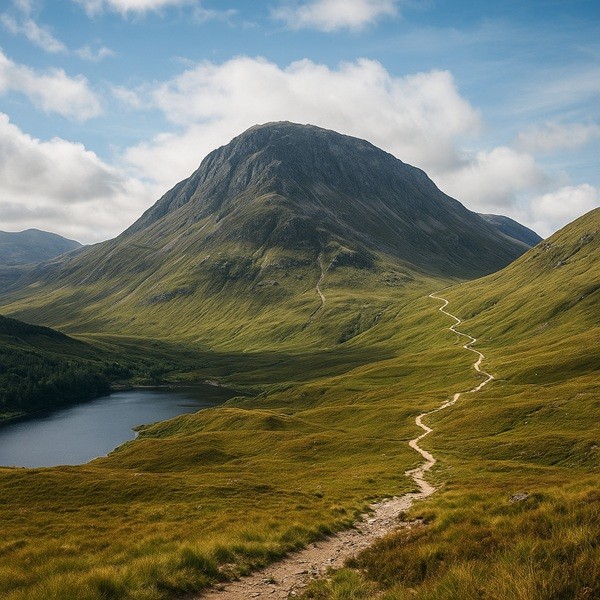 Vue panoramique du Ben Nevis en Écosse avec un sentier de randonnée serpentant à travers les collines verdoyantes et un loch au premier plan.