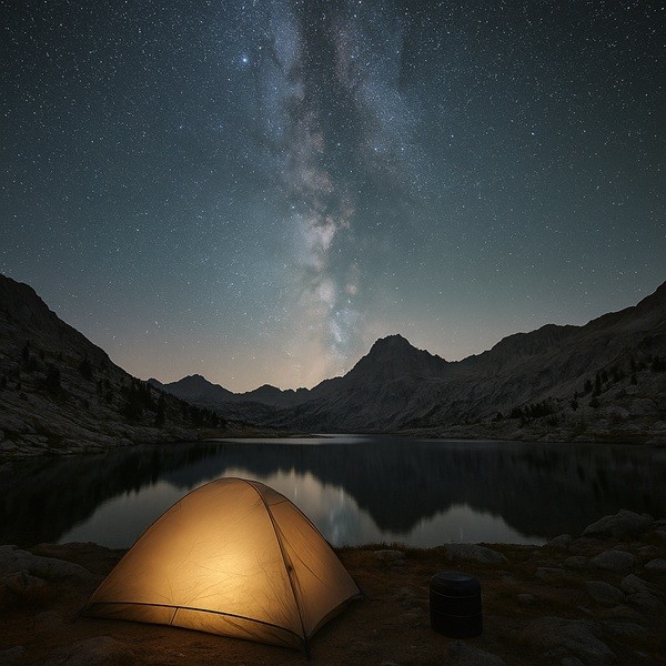 Bivouac en autonomie sur le John Muir Trail, tente légère installée au bord d’un lac alpin de la High Sierra sous un ciel étoilé avec la Voie lactée, randonnée de nuit en montagne.