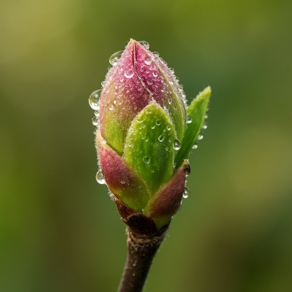 Macro photographie d’un bourgeon de cassis couvert de rosée, utilisé en gemmothérapie pour ses propriétés médicinales naturelles.