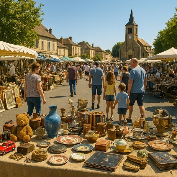 Grande brocante de village en France avec stands de vaisselle vintage, livres anciens et jouets rétro, ambiance conviviale de vide-greniers Brocabrac.
