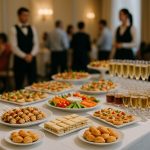 Buffet élégant dressé sur une grande table avec nappes blanches, proposant des mini-sandwichs, brochettes, petits fours, crudités colorées et verres de champagne, avec des serveurs en arrière-plan et une ambiance de réception conviviale.