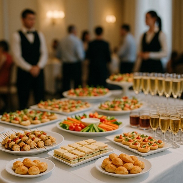 Buffet élégant dressé sur une grande table avec nappes blanches, proposant des mini-sandwichs, brochettes, petits fours, crudités colorées et verres de champagne, avec des serveurs en arrière-plan et une ambiance de réception conviviale.