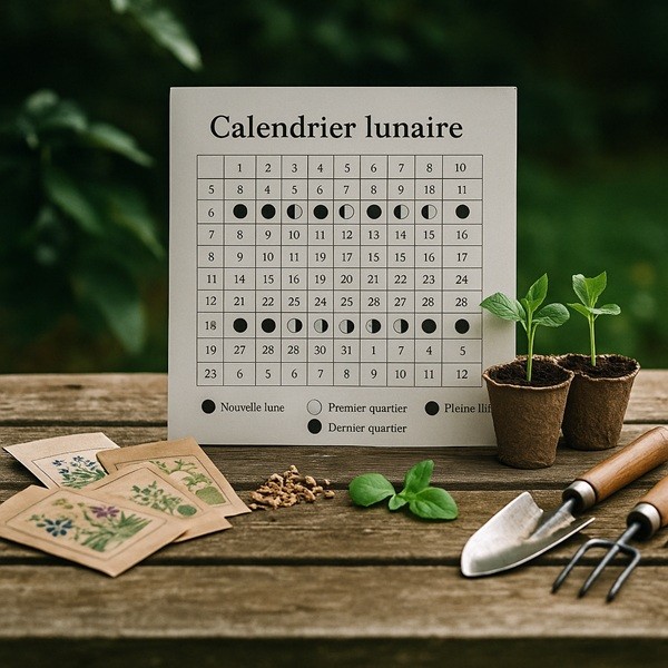 Calendrier lunaire de jardinage sur une table en bois avec sachets de graines, outils et jeunes plants prêts à être semés.