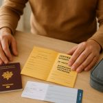 Carnet jaune de vaccination internationale ouvert à côté d’un passeport français et d’un billet d’avion, préparation santé avant voyage
