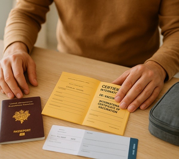 Carnet jaune de vaccination internationale ouvert à côté d’un passeport français et d’un billet d’avion, préparation santé avant voyage