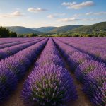 Champs de lavande en Provence avec collines verdoyantes et ciel méditerranéen