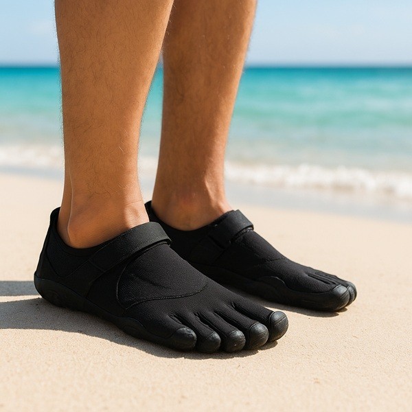 Voyageur sur une plage tropicale portant des chaussures 5 doigts Vibram FiveFingers noires, idéales pour la marche minimaliste et le voyage actif.