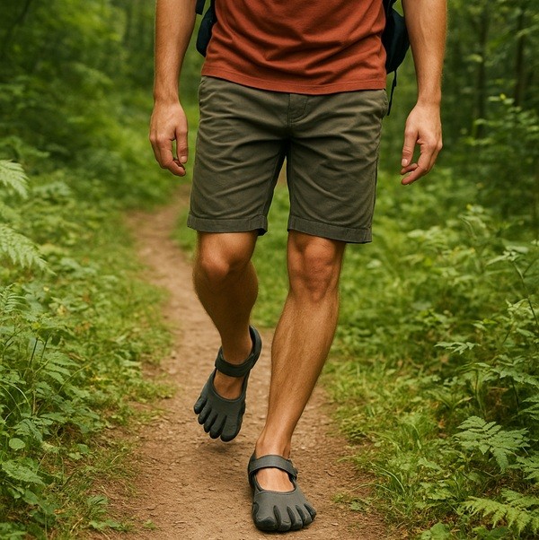 Randonneur sur un sentier forestier portant des chaussures Vibram FiveFingers grises, idéales pour la marche minimaliste et la randonnée légère.