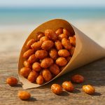 Chouchous cacahuètes traditionnels présentés dans un cornet sur une table, ambiance plage et été.