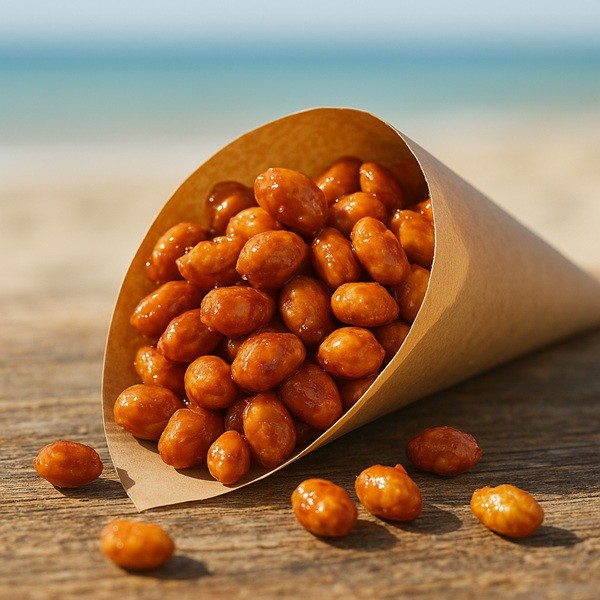 Chouchous cacahuètes traditionnels présentés dans un cornet sur une table, ambiance plage et été.