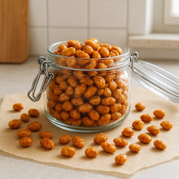 Bocal en verre rempli de chouchous cacahuètes caramélisées maison, posé sur du papier cuisson avec quelques cacahuètes croustillantes dispersées, gourmandise croquante prête à être conservée.