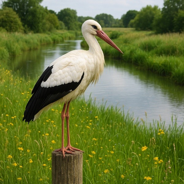 Cigogne blanche dans le Marais Poitevin posée sur un poteau en bois au bord d’un canal, symbole de la faune et flore de la Venise Verte.