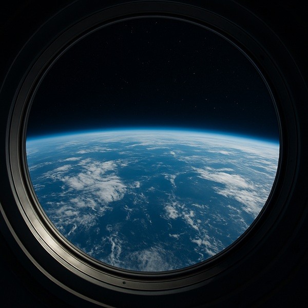 Vue réaliste de la Terre depuis le hublot d’un vaisseau spatial, illustrant le coût et le luxe d’un voyage dans l’espace