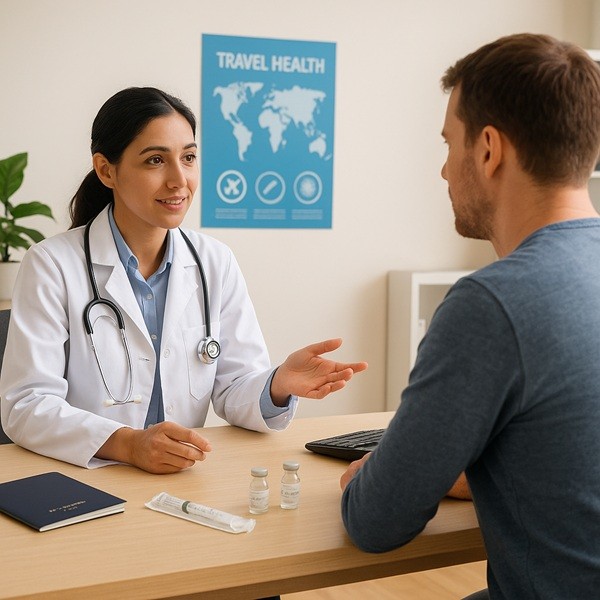 Médecin en blouse blanche conseillant un patient dans un centre de vaccination internationale, avec flacons de vaccins et affiche santé voyage en arrière-plan