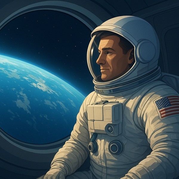 Cosmonaute réaliste observant la Terre depuis un vaisseau spatial, symbole du voyage et du tourisme spatial de demain