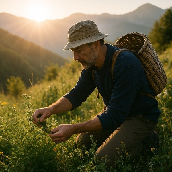 Cueilleur en montagne récoltant des plantes médicinales sauvages au lever du soleil en France, méthode artisanale Herbiolys