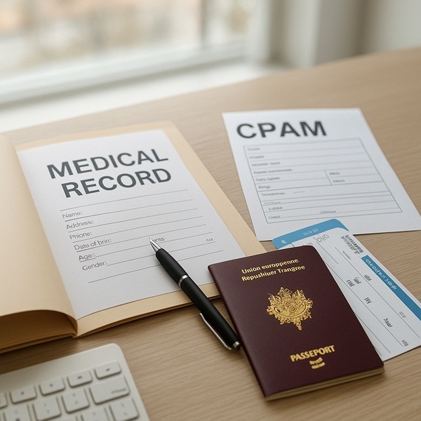 Dossier médical avec formulaire CPAM, passeport et billets d’avion sur un bureau, illustrant les démarches pour voyager en arrêt maladie.