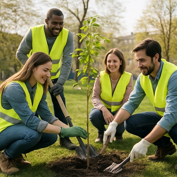 Collègues bénévoles d’entreprise plantant des arbres dans un parc urbain pour Earth Day 2025, action collective et durable en faveur de l’environnement.