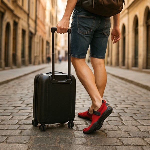 Touriste en city trip marchant dans une rue pavée avec des chaussures minimalistes Vibram FiveFingers rouges et une valise cabine.