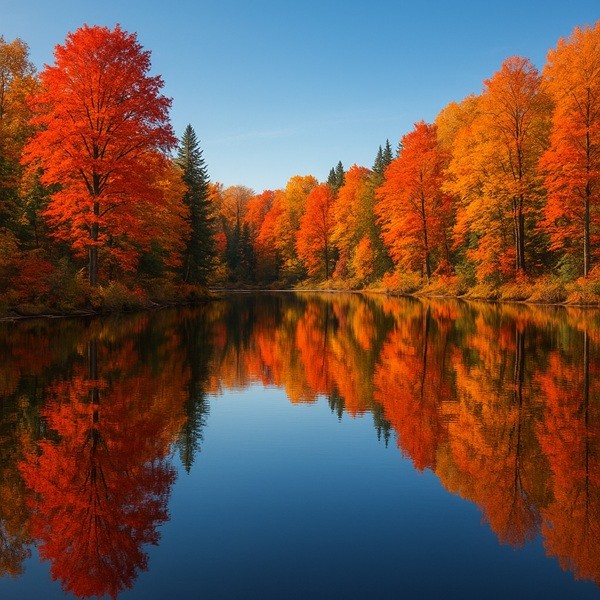Forêt canadienne en octobre, arbres aux feuilles rouges, orange et jaunes flamboyantes, lac miroir reflétant les couleurs.
