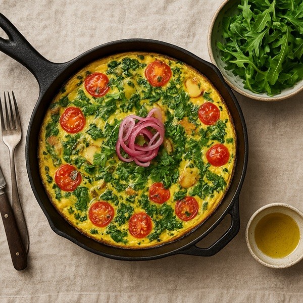 Frittata aux herbes fraîches, tomates cerises et pommes de terre dans une poêle en fonte, servie avec salade de roquette et huile d’olive, recette salée pour écouler des œufs entiers