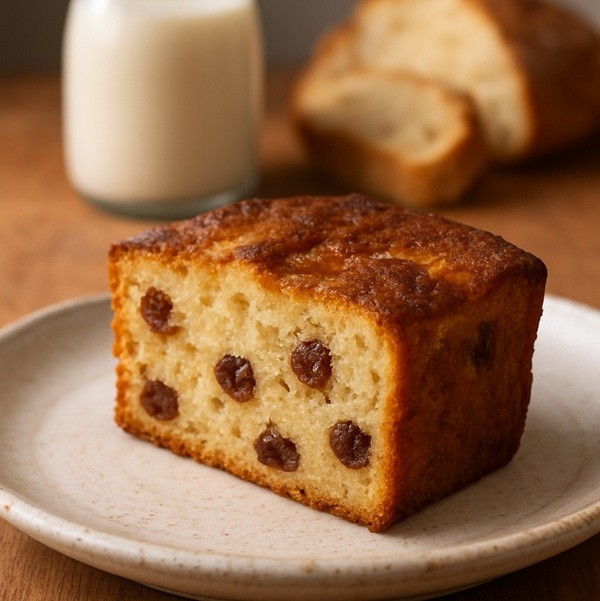 Part de gâteau de pain grand-mère maison, dessert anti-gaspi moelleux aux raisins secs et lait, recette traditionnelle française