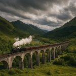 Vue réaliste du viaduc de Glenfinnan en Écosse avec le train à vapeur Jacobite traversant les Highlands verdoyants sous un ciel nuageux dramatique.