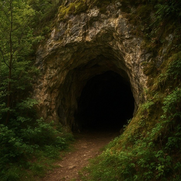 Entrée d’une grotte préhistorique en Ariège dans les Pyrénées, entourée de végétation et de roches naturelles.