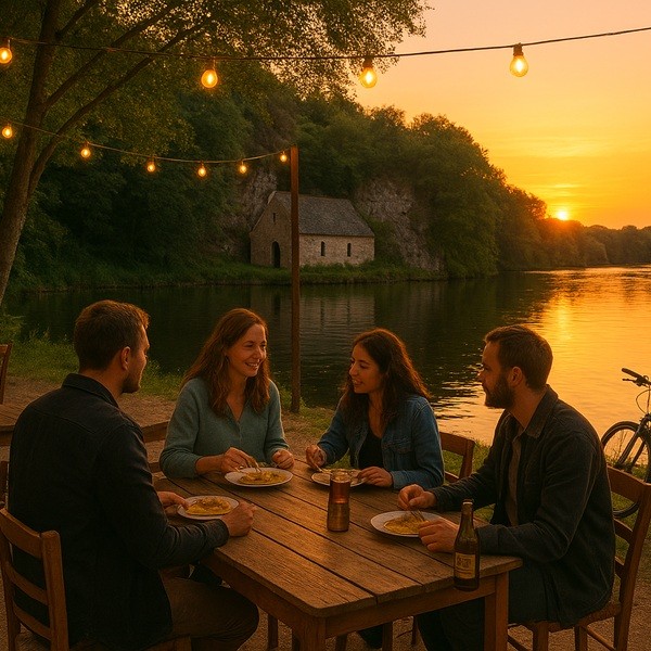 Soirée à la guinguette en bord de Blavet à Saint-Nicolas-des-Eaux avec ambiance conviviale, crêpes, cidre et coucher de soleil.