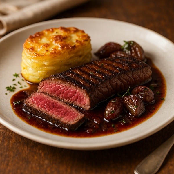 Assiette gastronomique de hampe de bœuf grillée saignante servie avec gratin dauphinois doré et échalotes caramélisées en sauce au vin rouge.