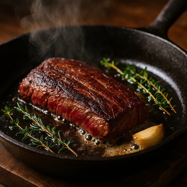 Hampe de bœuf saisie à la poêle en fonte, cuisson saignante avec croûte dorée, thym, romarin et gousse d’ail dans le beurre fondu.