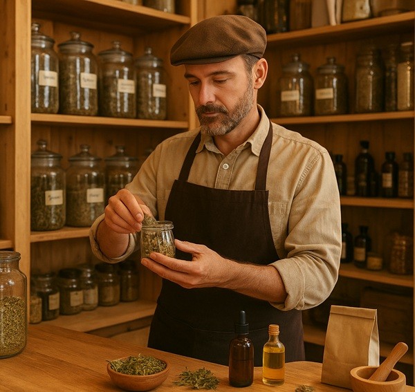 Herboriste traditionnel en Franche-Comté, entouré de pots en verre remplis de plantes médicinales séchées dans une boutique en bois chaleureux