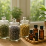 Bocaux de plantes séchées (thym, lavande, camomille) et flacons d’huiles essentielles disposés sur une table en bois clair, dans une ambiance lumineuse et végétale évoquant l’herboristerie moderne en Franche-Comté.