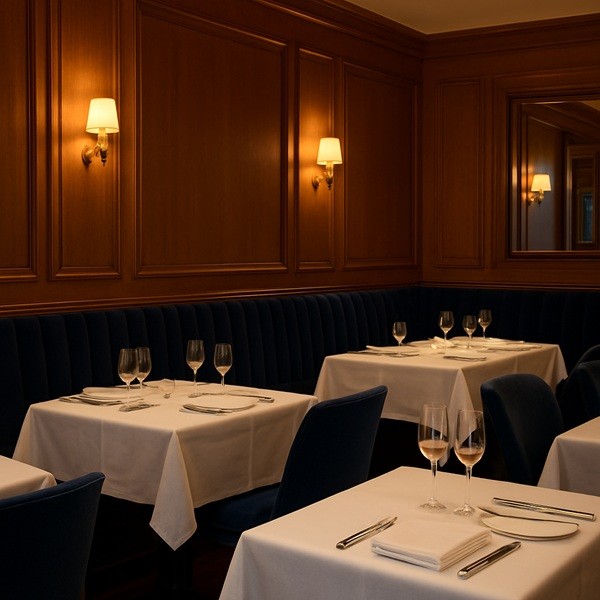 Intérieur élégant du restaurant Caviar Kaspia à la Madeleine Paris avec boiseries, banquettes bleues et tables dressées pour un dîner chic et feutré.