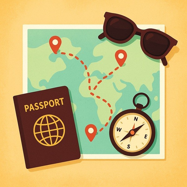 Carte stylisée avec itinéraire de voyage en pointillés rouges, passeport, boussole et lunettes de soleil pour organiser son voyage.