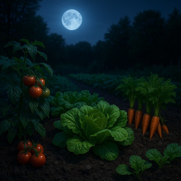 Potager éclairé par la lune avec tomates, carottes et salades, illustrant le jardinage selon les phases lunaires.