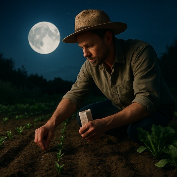 Jardinier semant des graines dans un potager sous la pleine lune, illustrant le calendrier lunaire de jardinage pour optimiser les semis et plantations.