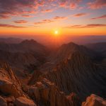 John Muir Trail : Lever du soleil depuis le sommet du Mount Whitney, panorama grandiose sur les crêtes acérées et les vallées sauvages de la Sierra Nevada baignées de lumière dorée et de nuages roses.