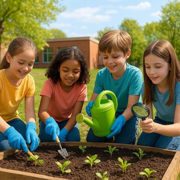 Enfants dans une école participant à un potager pédagogique pour la Journée de la Terre 2025, plantation de semis et sensibilisation à la biodiversité.