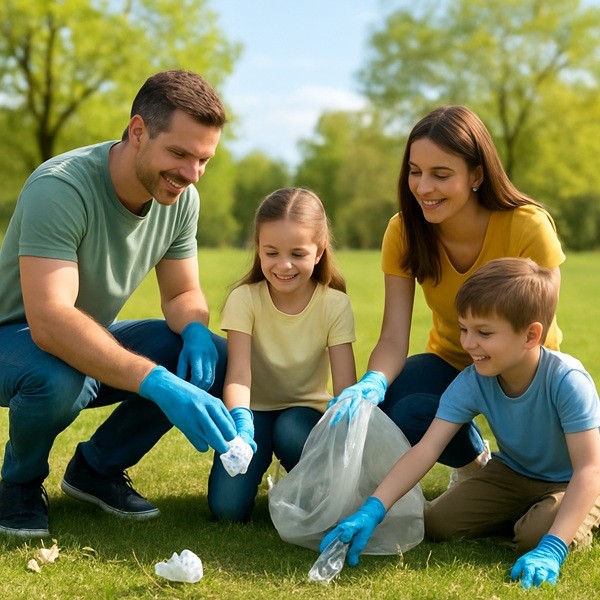 Famille ramassant des déchets dans un parc lors de la Journée de la Terre 2025, geste écologique simple pour préserver la nature.