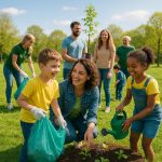 Familles, enfants et bénévoles participant à la Journée de la Terre 2025 dans un parc, plantation d’arbres et collecte de déchets pour l’écologie et la biodiversité.