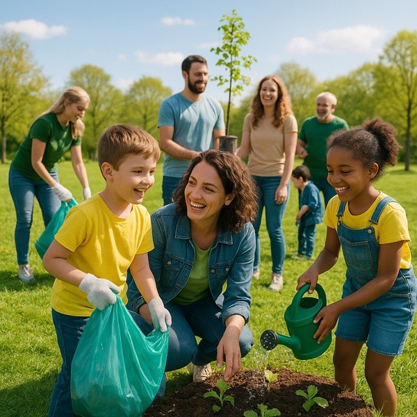 Familles, enfants et bénévoles participant à la Journée de la Terre 2025 dans un parc, plantation d’arbres et collecte de déchets pour l’écologie et la biodiversité.