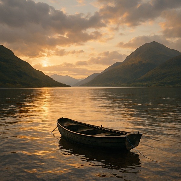 Barque au coucher de soleil sur le Loch Linnhe à Fort William, reflets dorés sur l’eau calme entourée de montagnes écossaises sous un ciel partiellement dégagé.